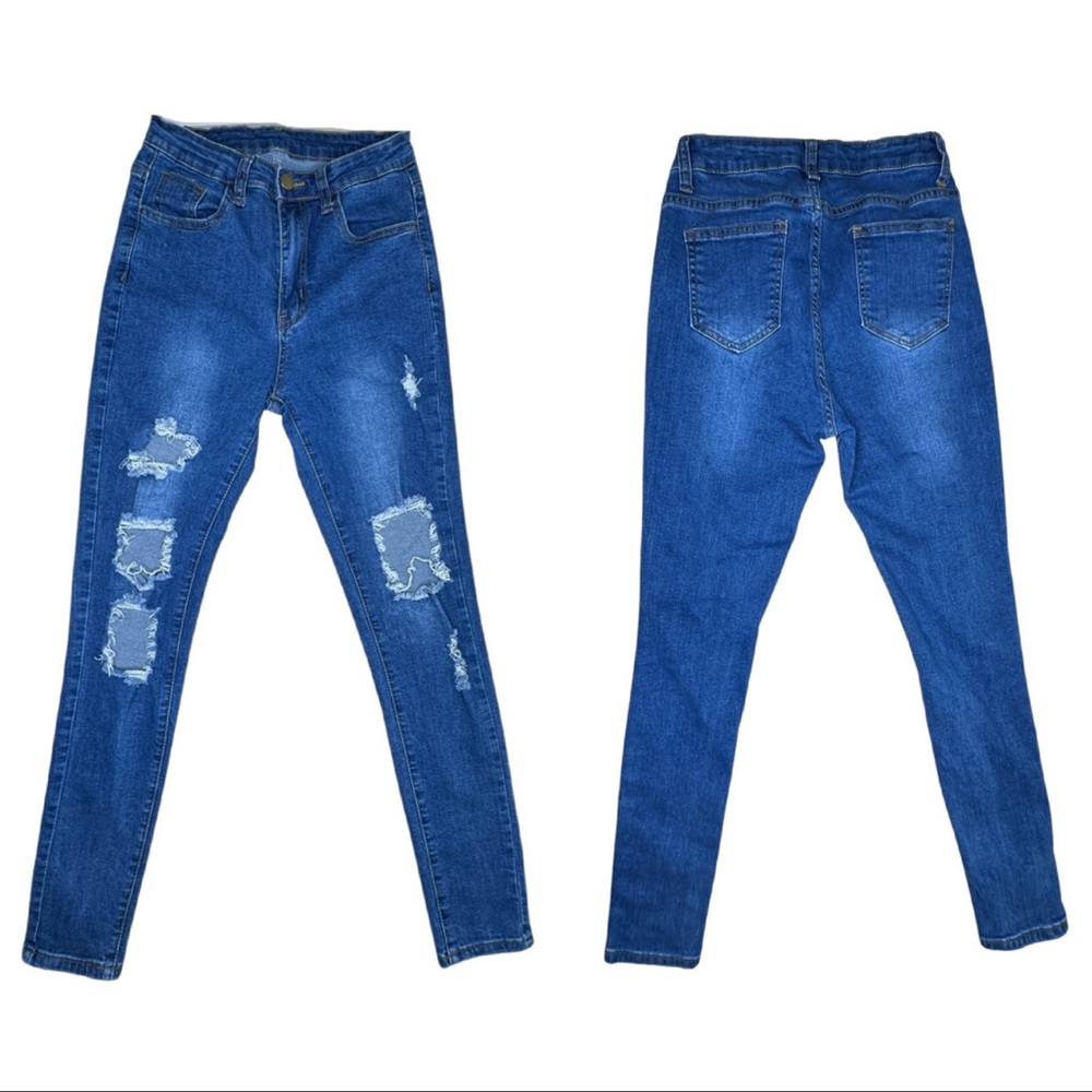 SHEIN Ripped Distressed Blue Slim Fit High Waist Skinny Jeans - XS (25in)